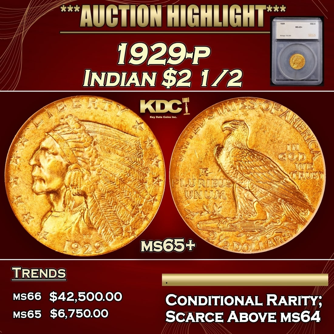 *Highlight* 1929-p Gold Indian Quarter Eagle $2 1/2 ms65+ SEGS (fc) (1 of 5)
