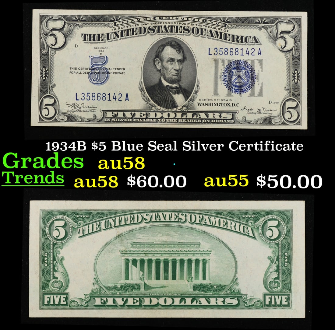 1934B $5 Blue Seal Silver Certificate Grades Choice AU/BU Slider (1 of 3)