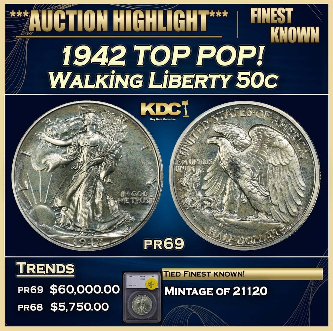 *Highlight* 1942 Proof Walking Liberty Half Dollar TOP POP! 50c pr69 SEGS (Fc) (1 of 4)