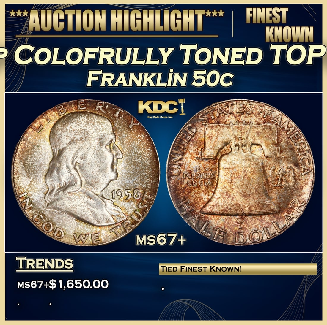 *Highlight* 1958-p Franklin Half Dollar Colofrully Toned TOP POP! 50c ms67+ SEGS (Fc) (1 of 4)