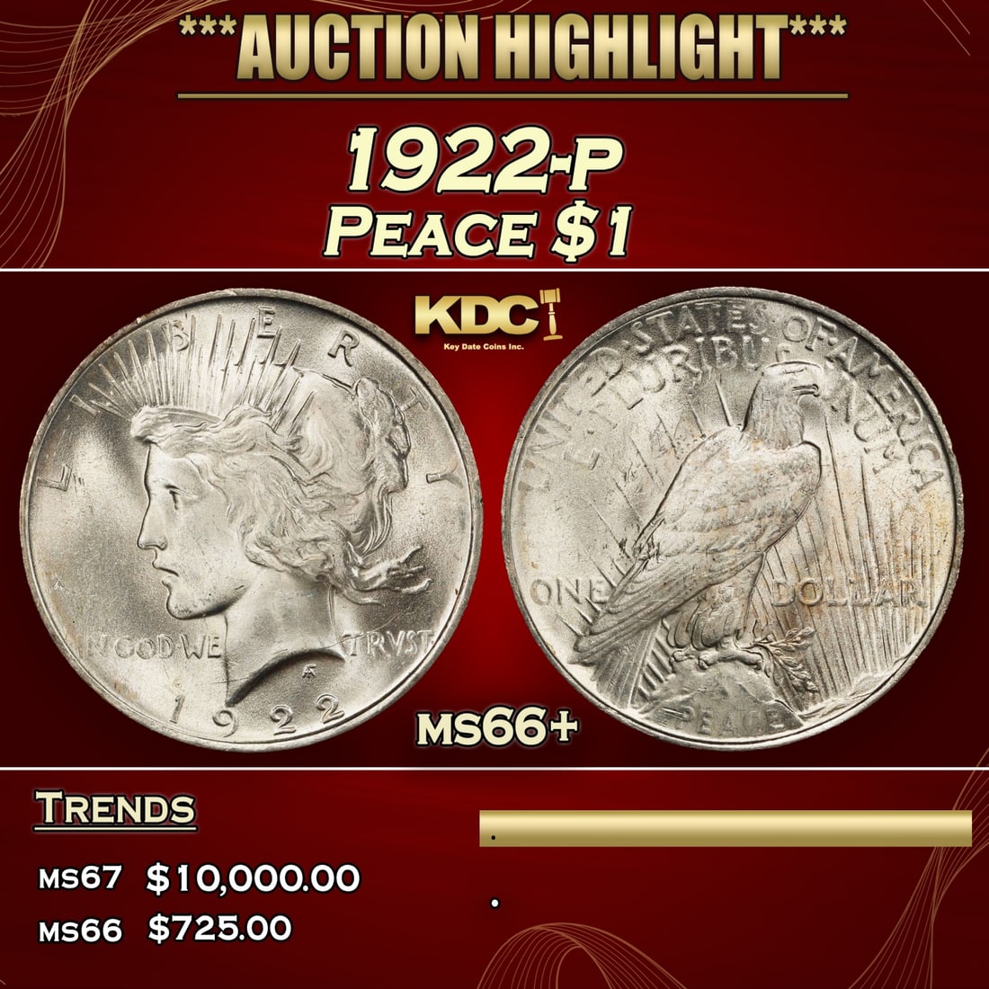 *Highlight* 1922-p Peace Dollar $1 ms66+ SEGS (Fc): *Highlight* 1922-p Peace Dollar $1 ms66+ SEGS.
