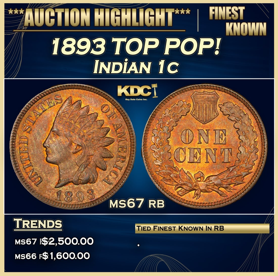 *Highlight* 1893 Indian Cent TOP POP! 1c ms67 rb SEGS (Fc) (1 of 4)