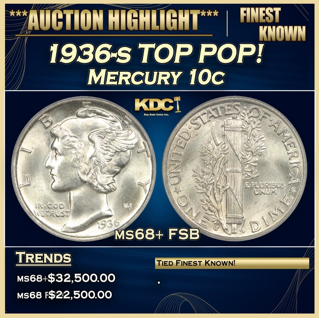 *Highlight* 1936-s Mercury Dime TOP POP! 10c ms68+ FSB SEGS (Fc) (1 of 5)
