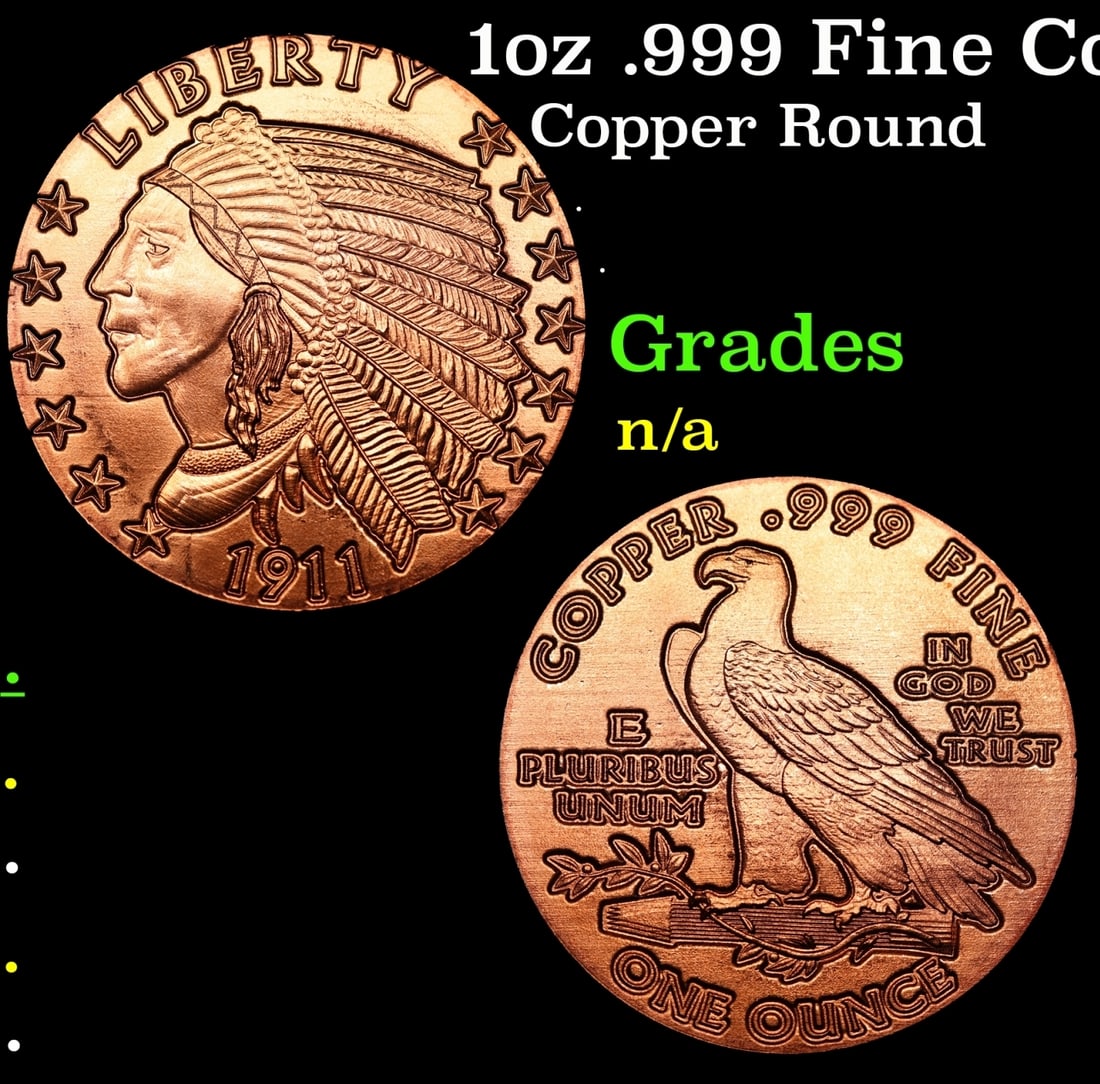 1oz .999 Fine Copper Bullion Round - Indian Gold Coin Style Grades (1 of 3)