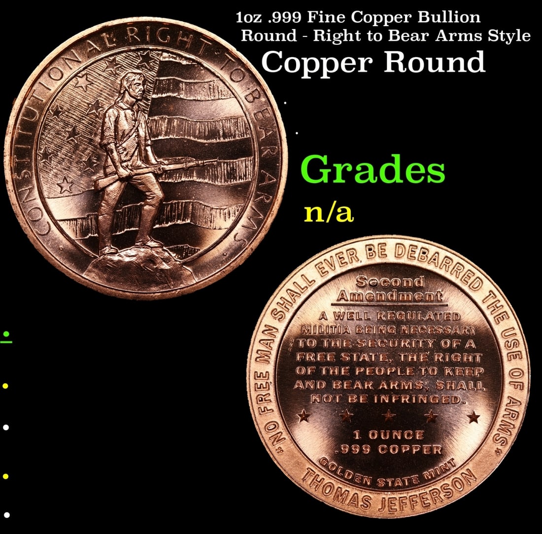 1oz .999 Fine Copper Bullion Round - Right to Bear Arms Style Grades (1 of 3)