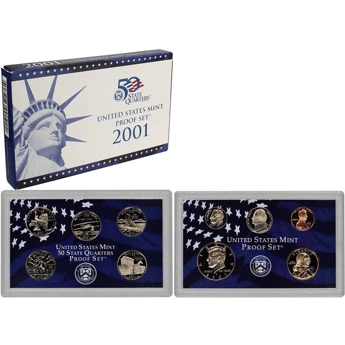 2001 United States Mint Proof Set 10 coins: 2001 United States Mint Proof Set 10 coins. The Set contains 5 Proof State Quarters, a Proof Half Dollar, a Proof Dime, as well as 3 additional Proof coins Including the Sacagawea Proof Dollar coin. C