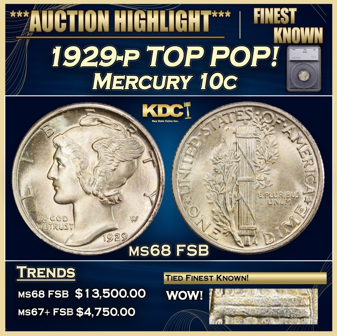 *Highlight* 1929-p Mercury Dime TOP POP! 10c ms68 FSB SEGS (fc) (1 of 6)