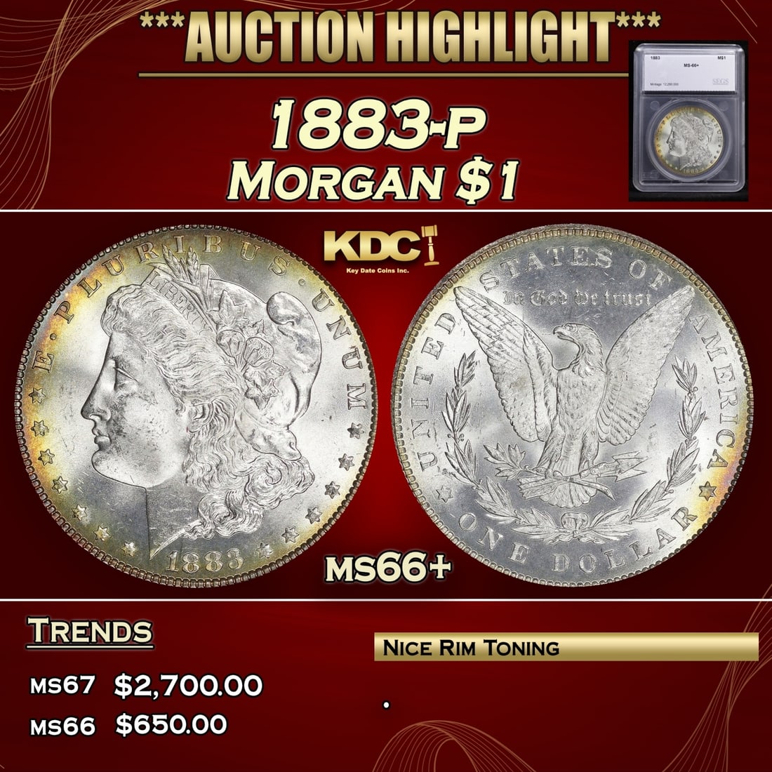 *Highlight* 1883-p Morgan Dollar 1 ms66+ SEGS (fc) (1 of 5)