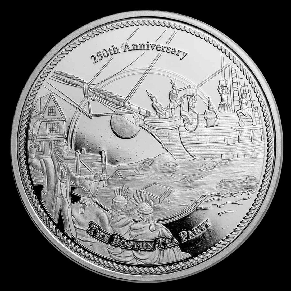 250th Anniversary Boston Tea Party 1 oz .999 Silver Round: 250th Anniversary Boston Tea Party 1 oz .999 Silver Round. Commemorating the 250th anniversary of the Boston Tea Party, each APMEXclusive® round contains .999 fine silver featuring a depiction of the