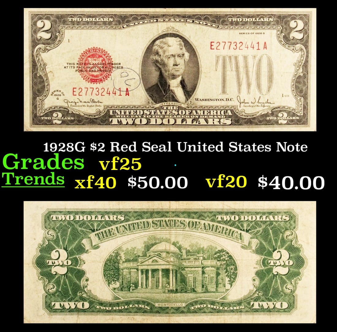 1928G $2 Red Seal United States Note Grades vf+ (1 of 3)