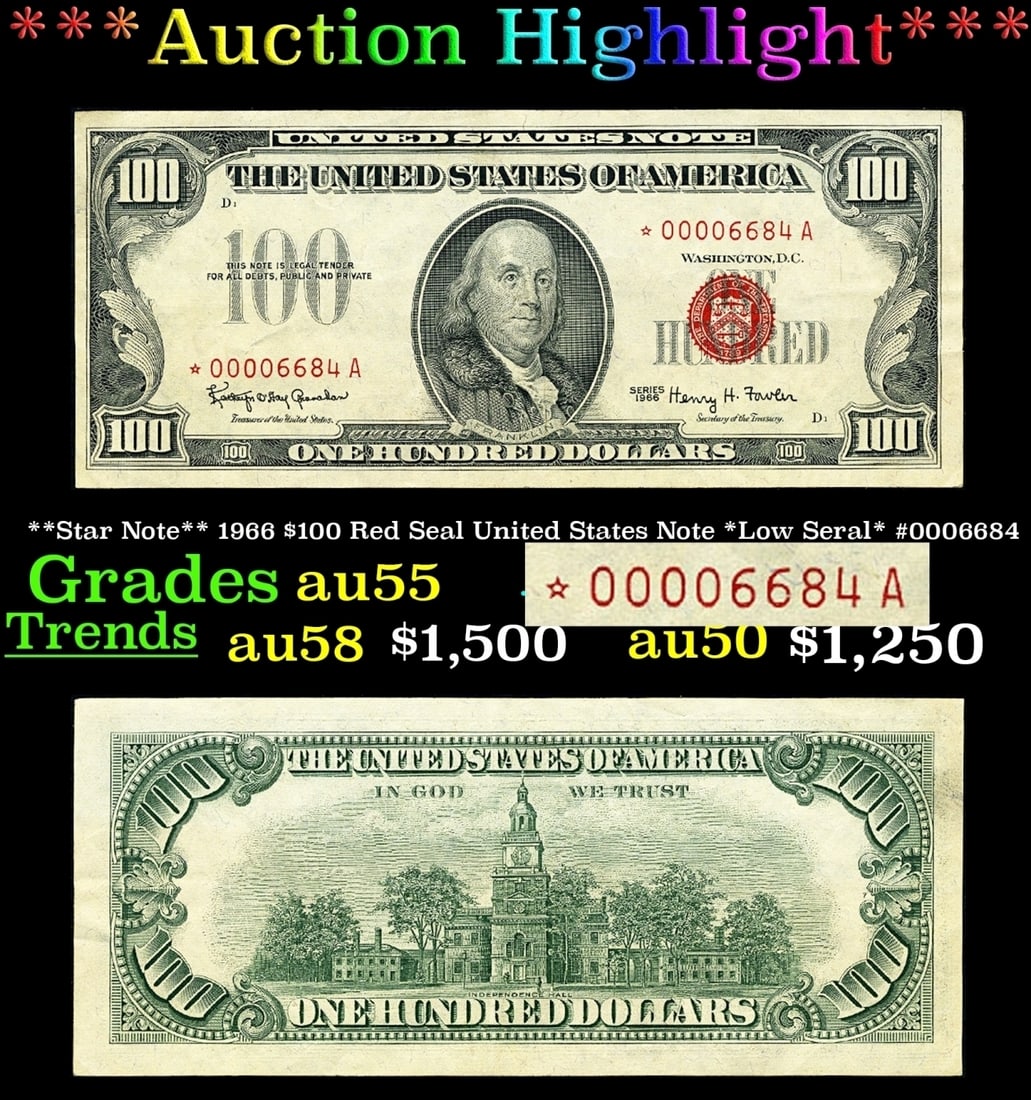 *Highlight* **Star Note** 1966 $100 Red Seal United States Note *Low Seral* #0006684 Grades Choice (1 of 4)