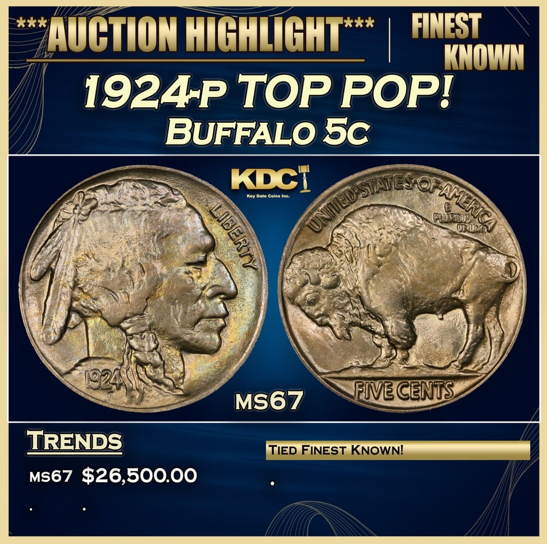 *Highlight* 1924-p Buffalo Nickel TOP POP! 5c ms67 SEGS (fc) (1 of 3)