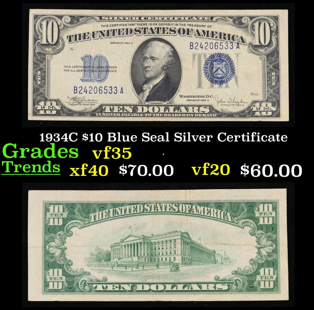 1934C $10 Blue Seal Silver Certificate Grades vf++ (1 of 3)