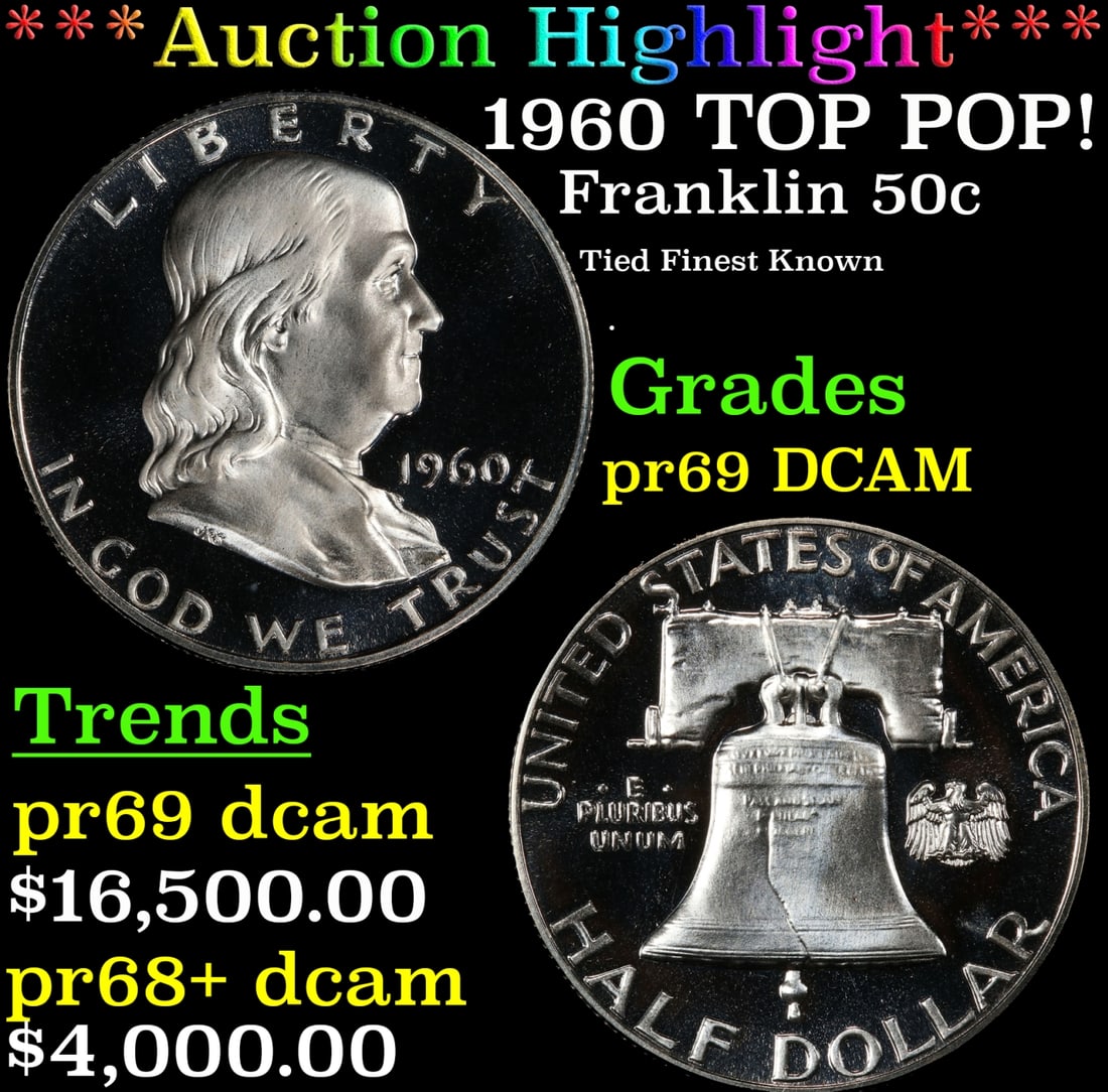 *Highlight* 1960 Proof Franklin Half Dollar TOP POP! 50c pr69 DCAM SEGS (fc): *Highlight* 1960 TOP POP! Franklin Half Dollar 50c pr69 DCAM SEGS. A new master die was put into use in 1960. The previous one had been used for an entire decade, causing many proofs from that era to 