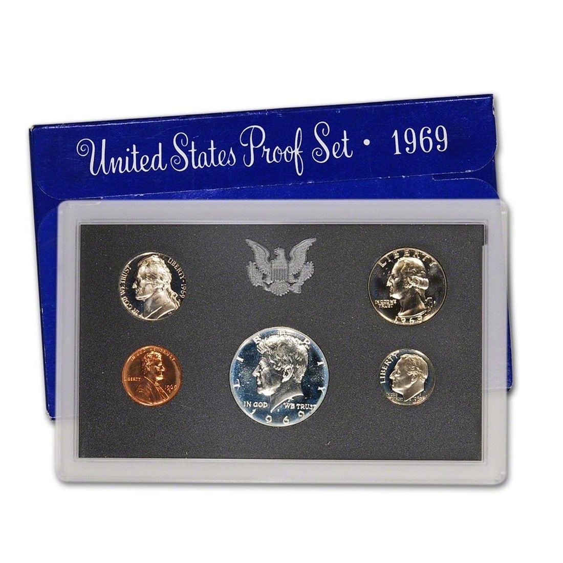 1969 United States Proof Set, 5 Coins Inside!: 1969 United States Proof Set, 5 Coins Inside! . Original packaging: The individual coins of the 1969-S Proof Set were inserted into holes in a black plastic insert, then sealed in a two-piece, clear p