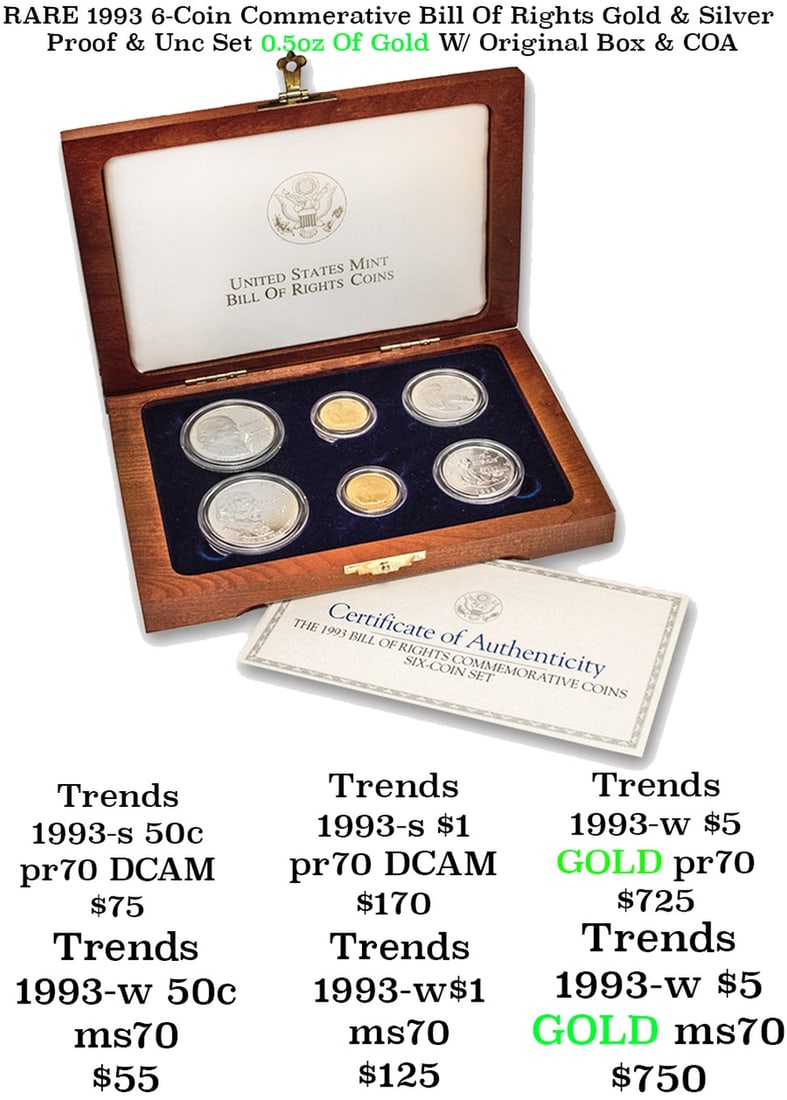 *Highlight* RARE 1993 6-Coin Commerative Bill Of Rights Gold & Silver Proof & Unc Set 0.5Oz Of Gold (1 of 8)