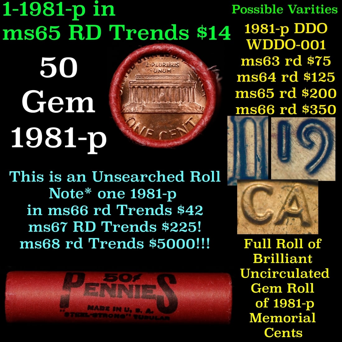 BU Shotgun Lincoln 1c roll, 1981-p 50 pcs Steel Strong Wrapper 50c: BU Shotgun Lincoln 1c roll, 1981-p 50 pcs Steel Strong Wrapper 50c. A terrific Shotgun roll of Lincoln cents in a Steel Strong wrapper. Most if not all coins should be cherry red.