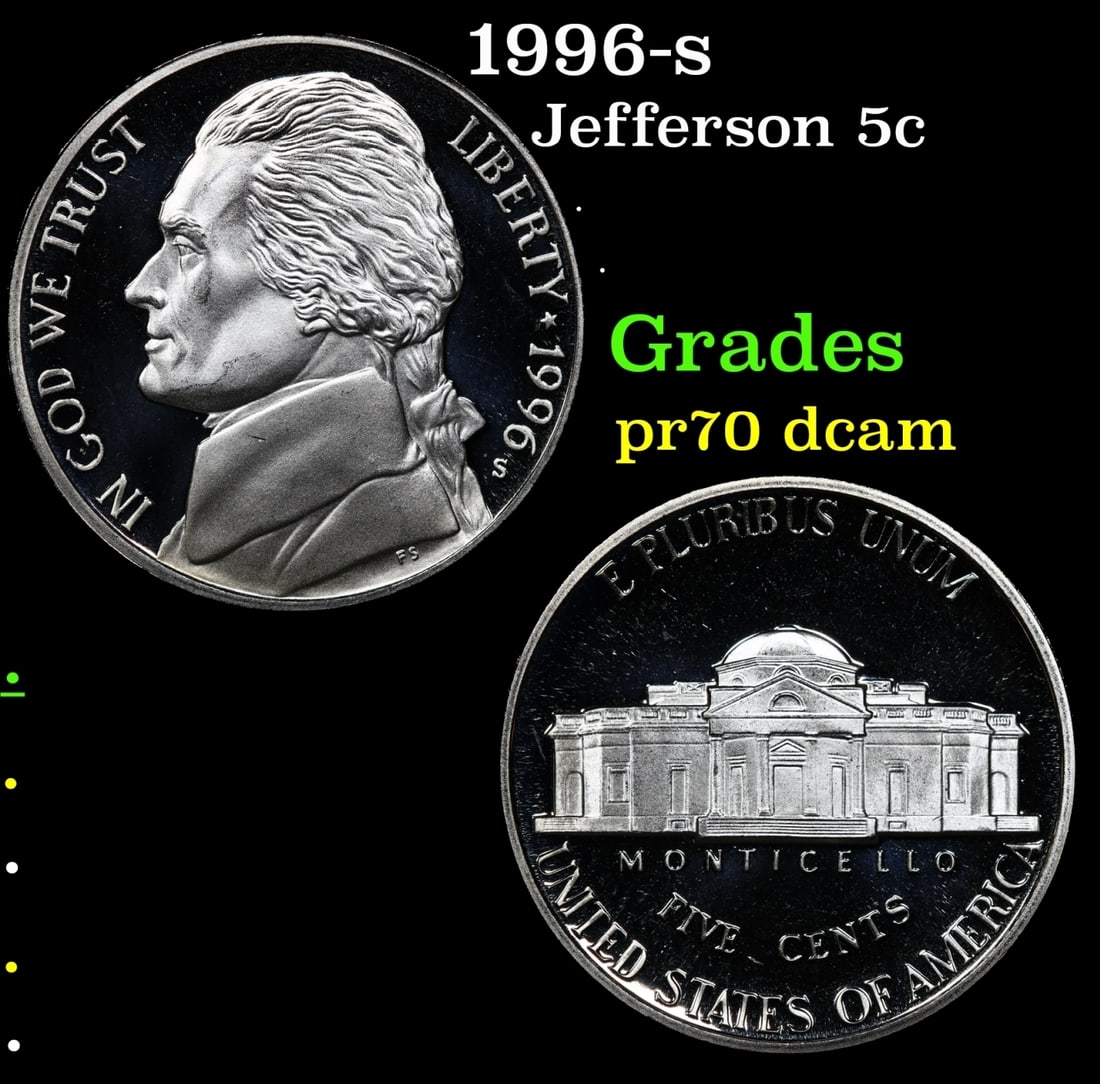 1996-s Proof Jefferson Nickel 5c Grades GEM++ Proof Deep Cameo (1 of 3)