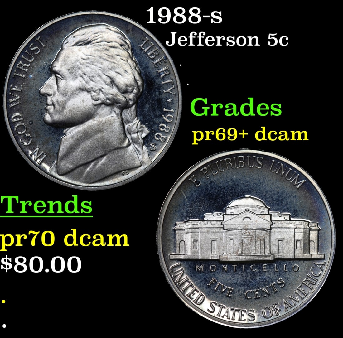 1988-s Proof Jefferson Nickel 5c Grades GEM++ Proof Deep Cameo (1 of 3)
