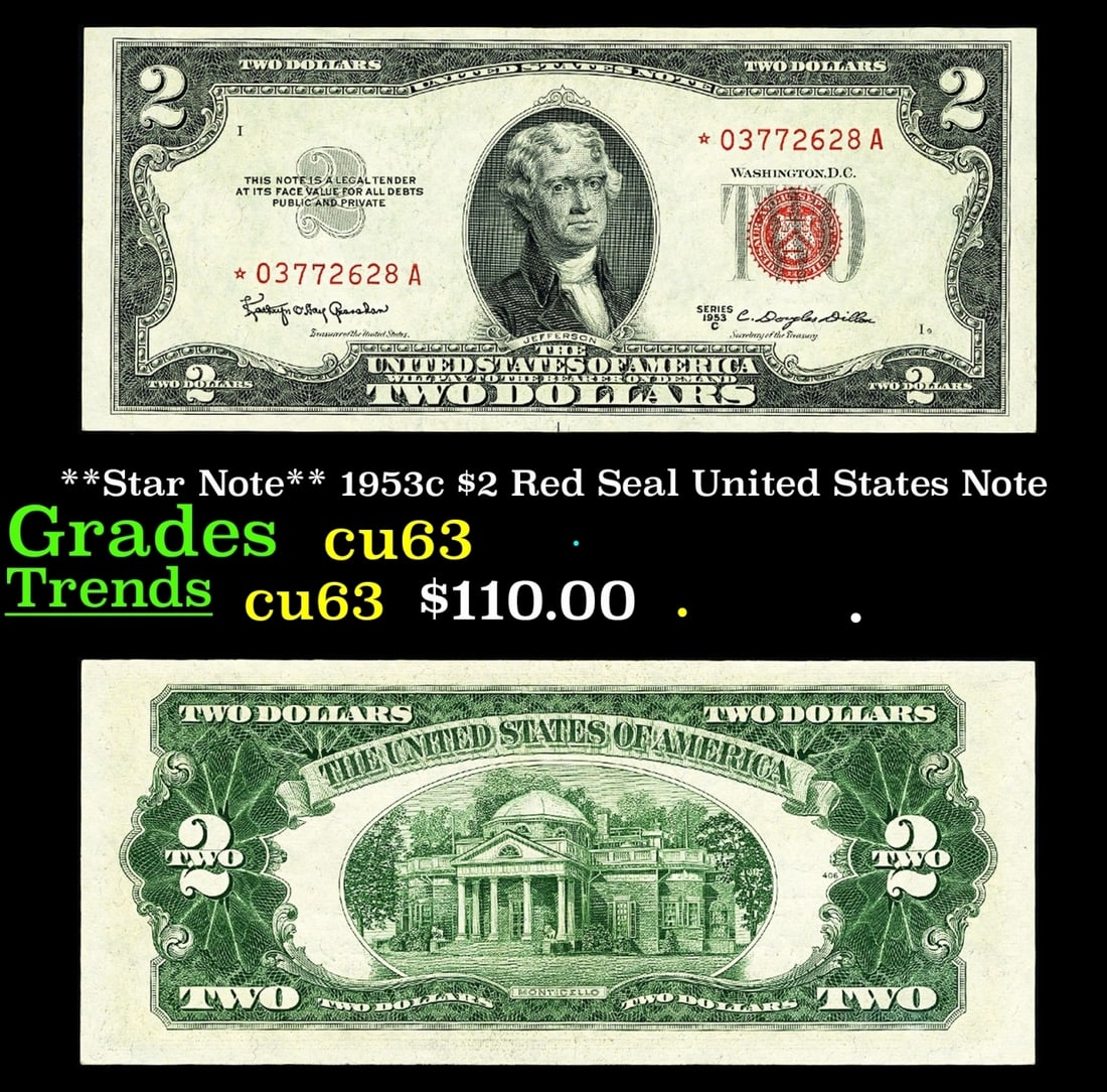 **Star Note** 1953c $2 Red Seal United States Note Grades Select CU (1 of 3)