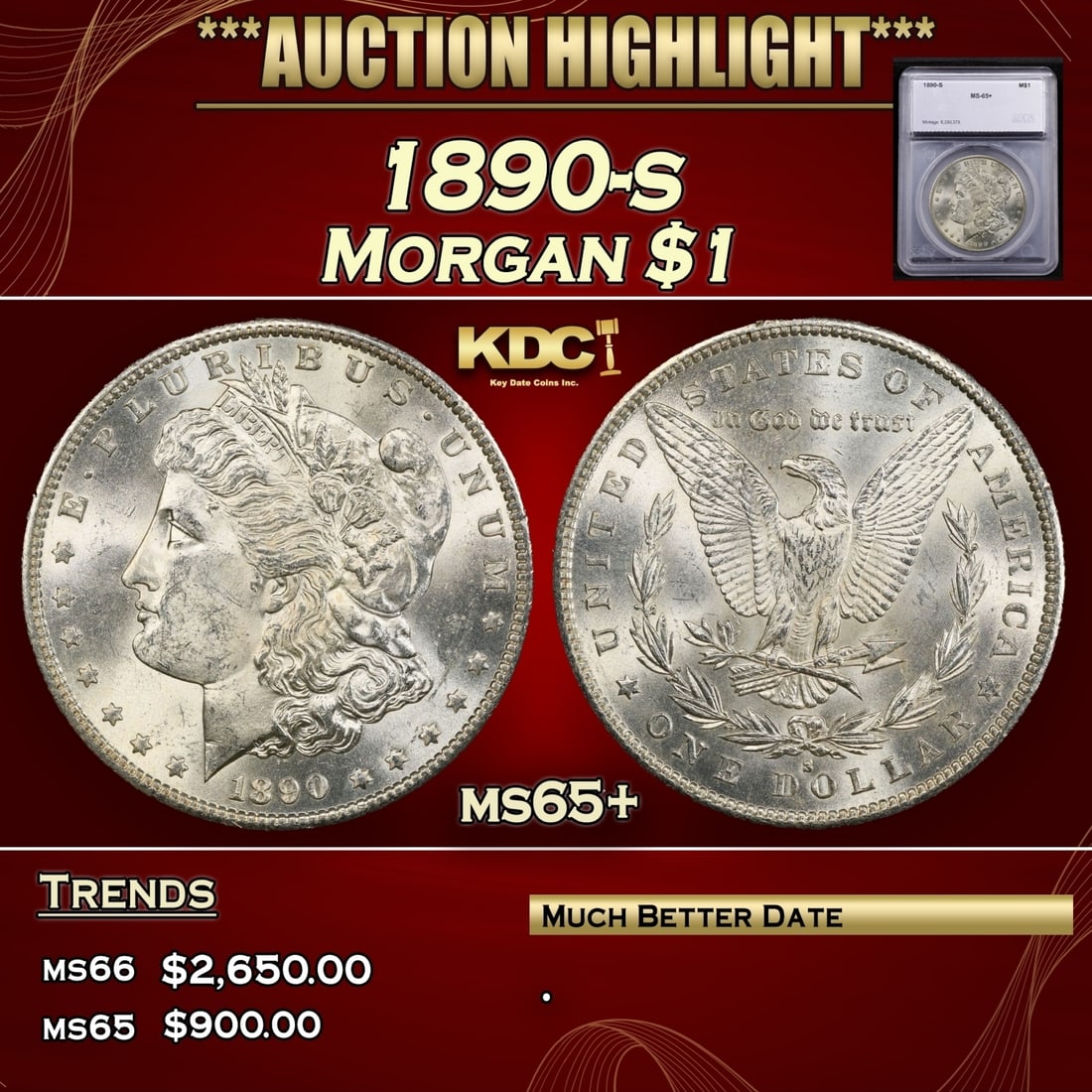 *Highlight* 1890-s Morgan Dollar $1 ms65+ SEGS (Fc) (1 of 4)