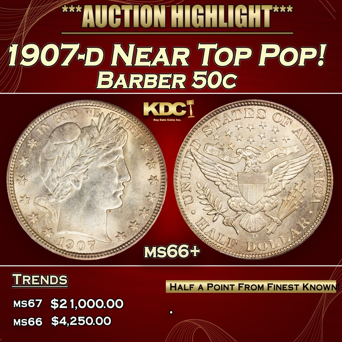 *Highlight* 1907-d Barber Half Dollars Near Top Pop! 50c ms66+ SEGS (fc) (1 of 4)