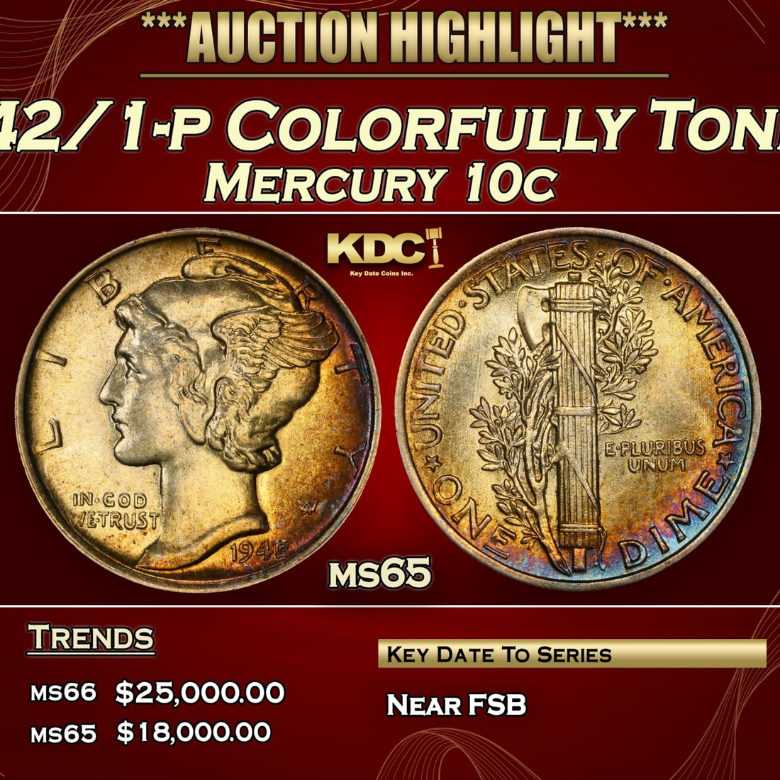 *Highlight* PCGS 1942/1-p Mercury Dime Colorfully Toned 10c ms65 PCGS (fc) (1 of 7)