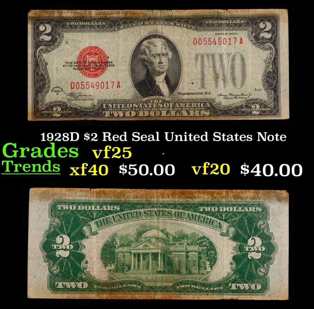 1928D $2 Red Seal United States Note Grades vf+ (1 of 3)