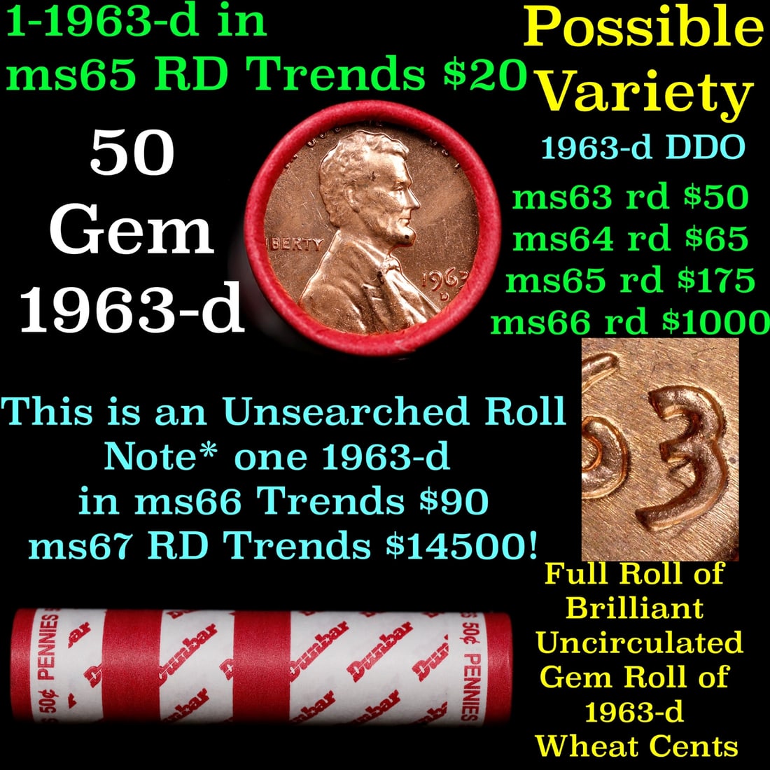 BU Shotgun Lincoln 1c roll, 1963-d 50 pcs Dunbar Wrapper 50c (1 of 2)