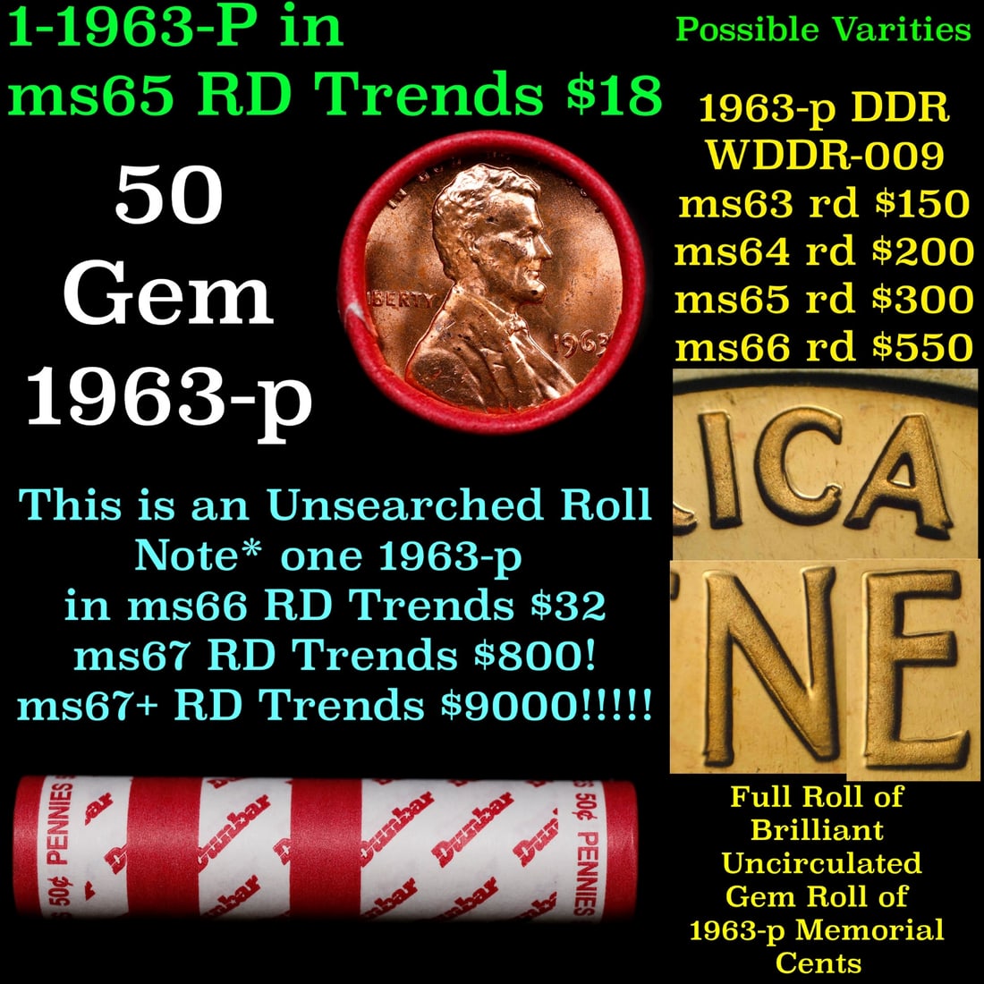 BU Shotgun Lincoln 1c roll, 1963-p 50 pcs Bank Wrapper 50c (1 of 2)