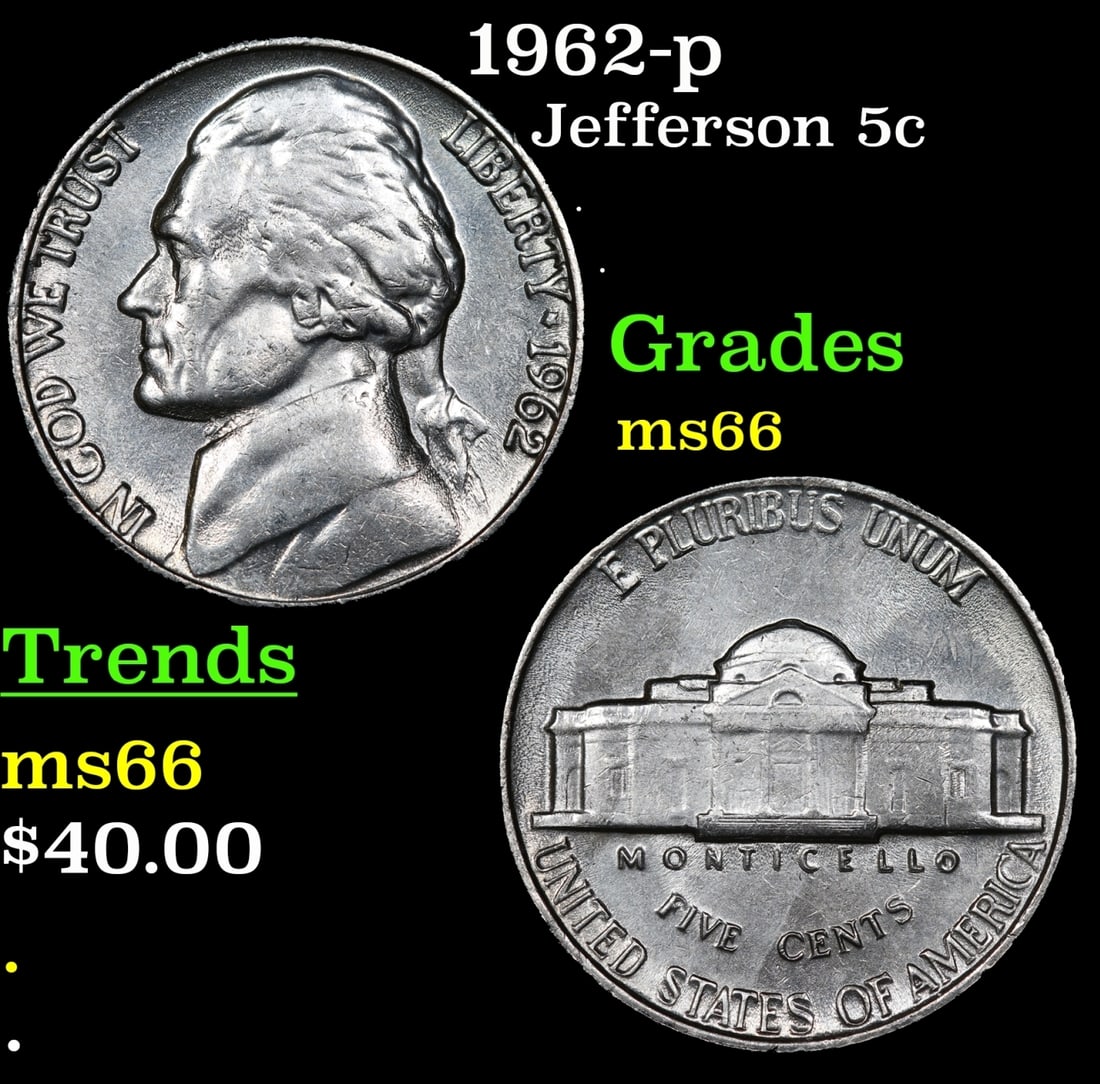 1962-p Jefferson Nickel 5c Grades GEM+ Unc: 1962-p Jefferson Nickel 5c Grades GEM+ Unc.