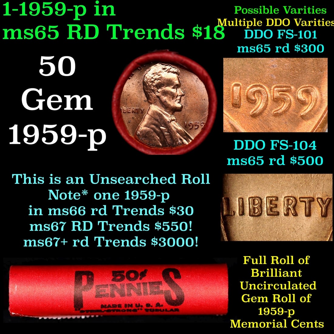 BU Shotgun Lincoln 1c roll, 1959-p 50 pcs Dunbar Wrapper 50c: BU Shotgun Lincoln 1c roll, 1959-p 50 pcs Dunbar Wrapper 50c. BU Shotgun Lincoln 1c roll, 1959-p 50 pcs Dunbar Wrapper 50c 15.