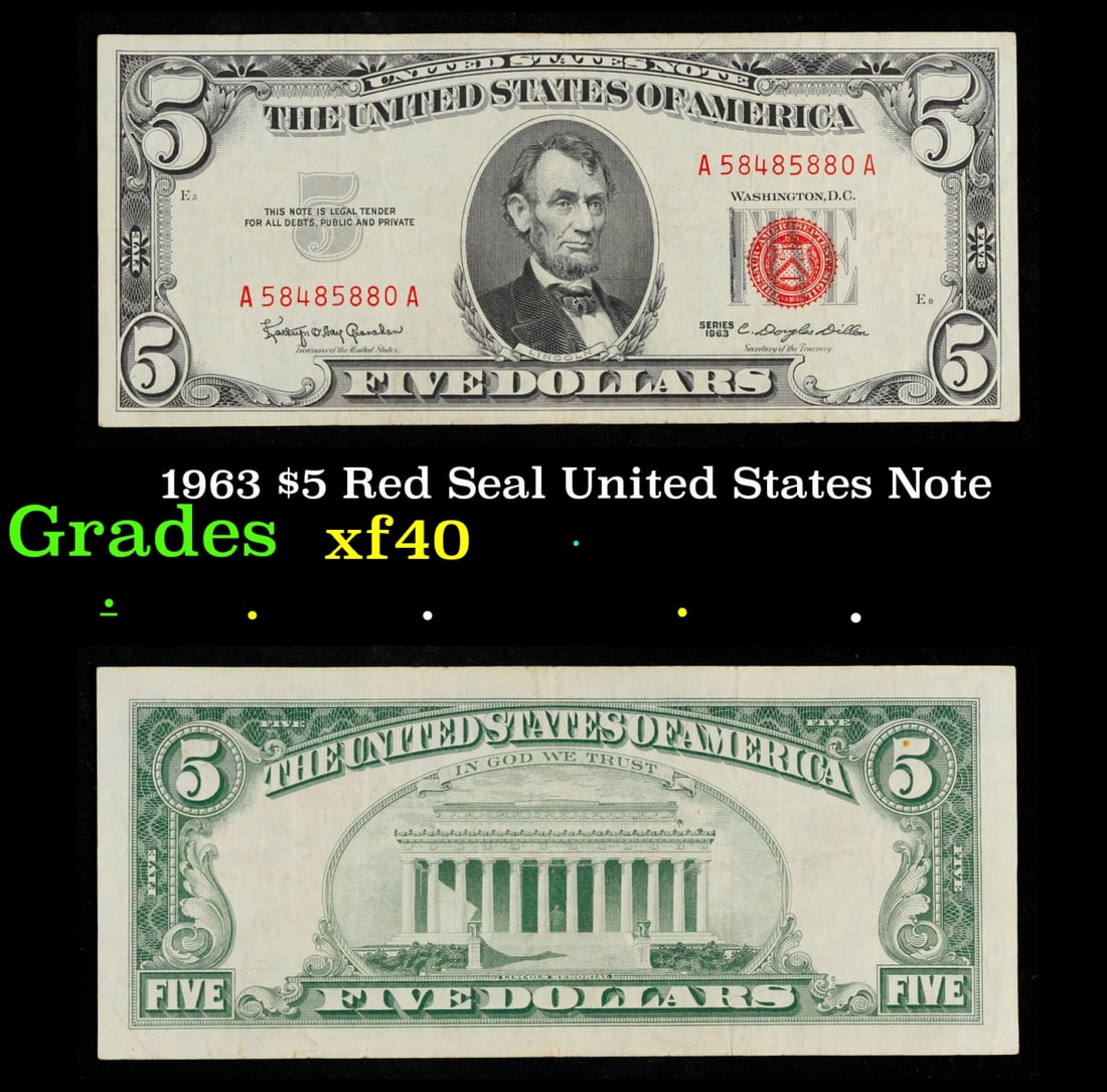 1963 $5 Red Seal United States Note Grades xf (1 of 3)