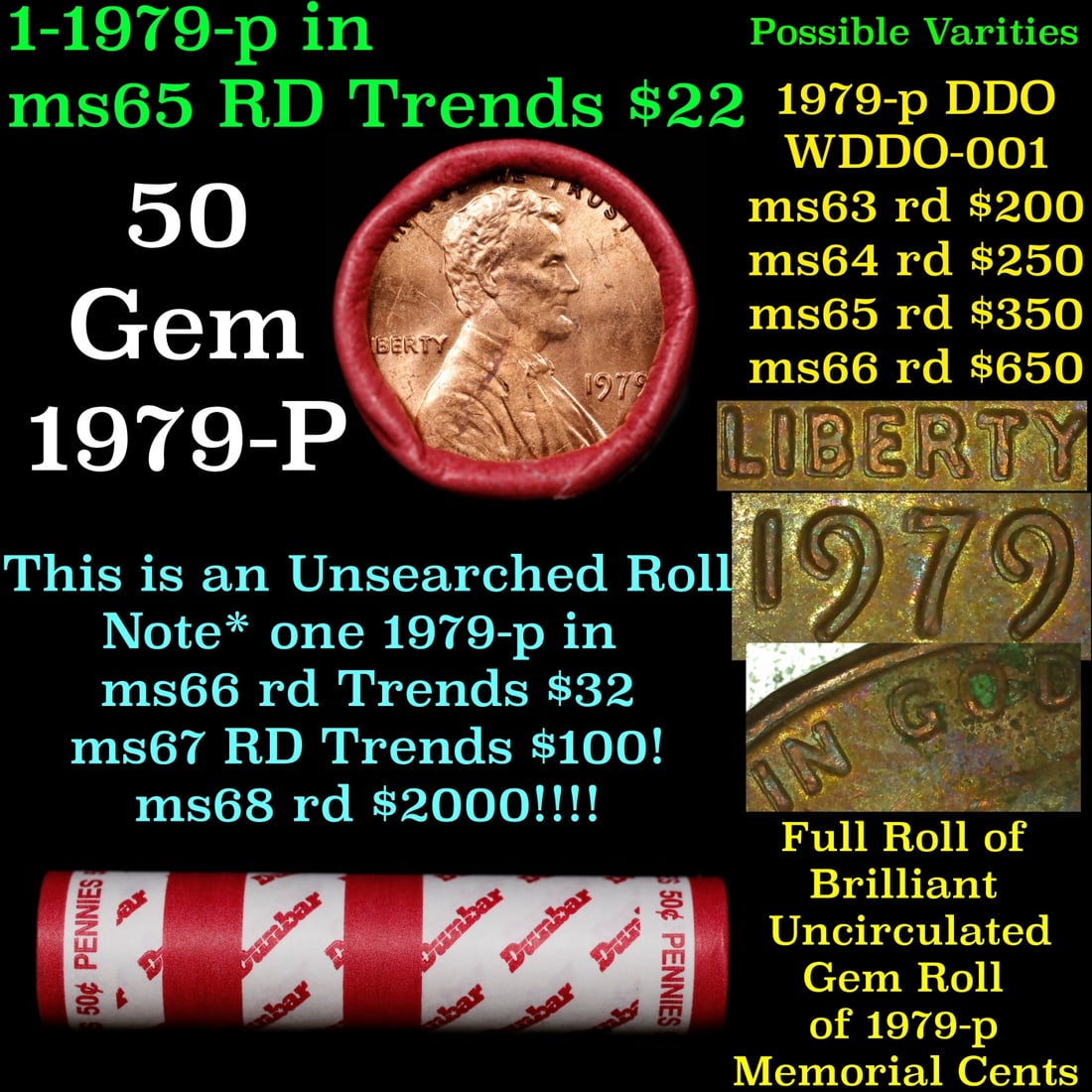 BU Shotgun Lincoln 1c roll, 1979-p 50 pcs Dunbar Wrapper 50c: BU Shotgun Lincoln 1c roll, 1979-p 50 pcs Dunbar Wrapper 50c.