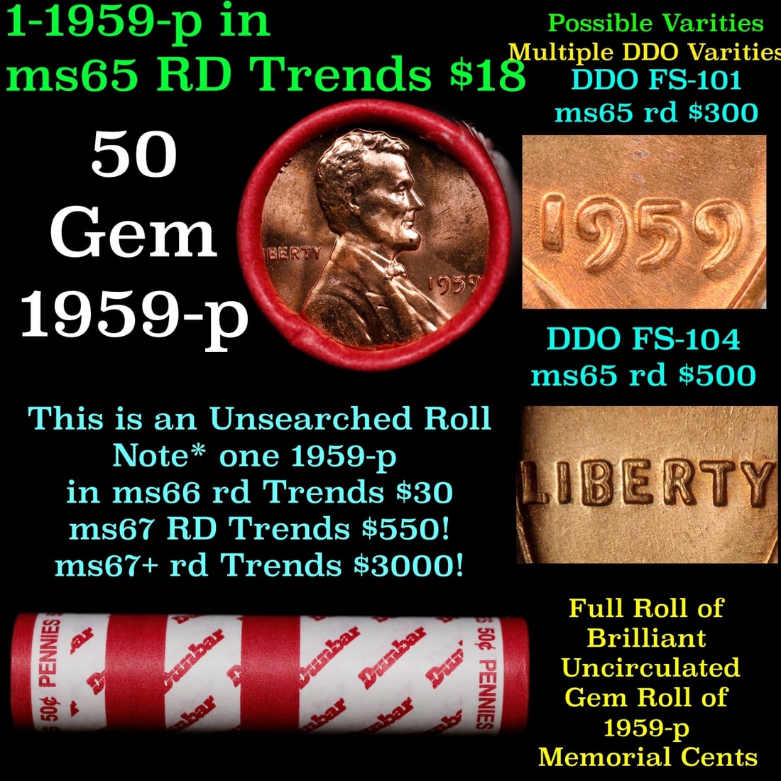 BU Shotgun Lincoln 1c roll, 1959-p 50 pcs Dunbar Wrapper 50c: BU Shotgun Lincoln 1c roll, 1959-p 50 pcs Dunbar Wrapper 50c. A terrific Shotgun roll of Lincoln cents in a Bank wrapper. Most if not all coins should be cherry red.