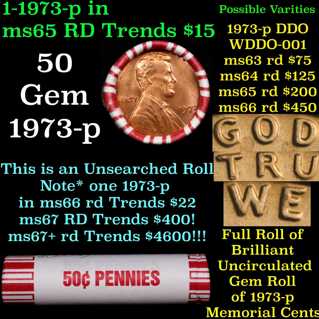 BU Shotgun Lincoln 1c roll, 1973-p 50 pcs Bank Wrapper 50c: BU Shotgun Lincoln 1c roll, 1973-p 50 pcs Bank Wrapper 50c.