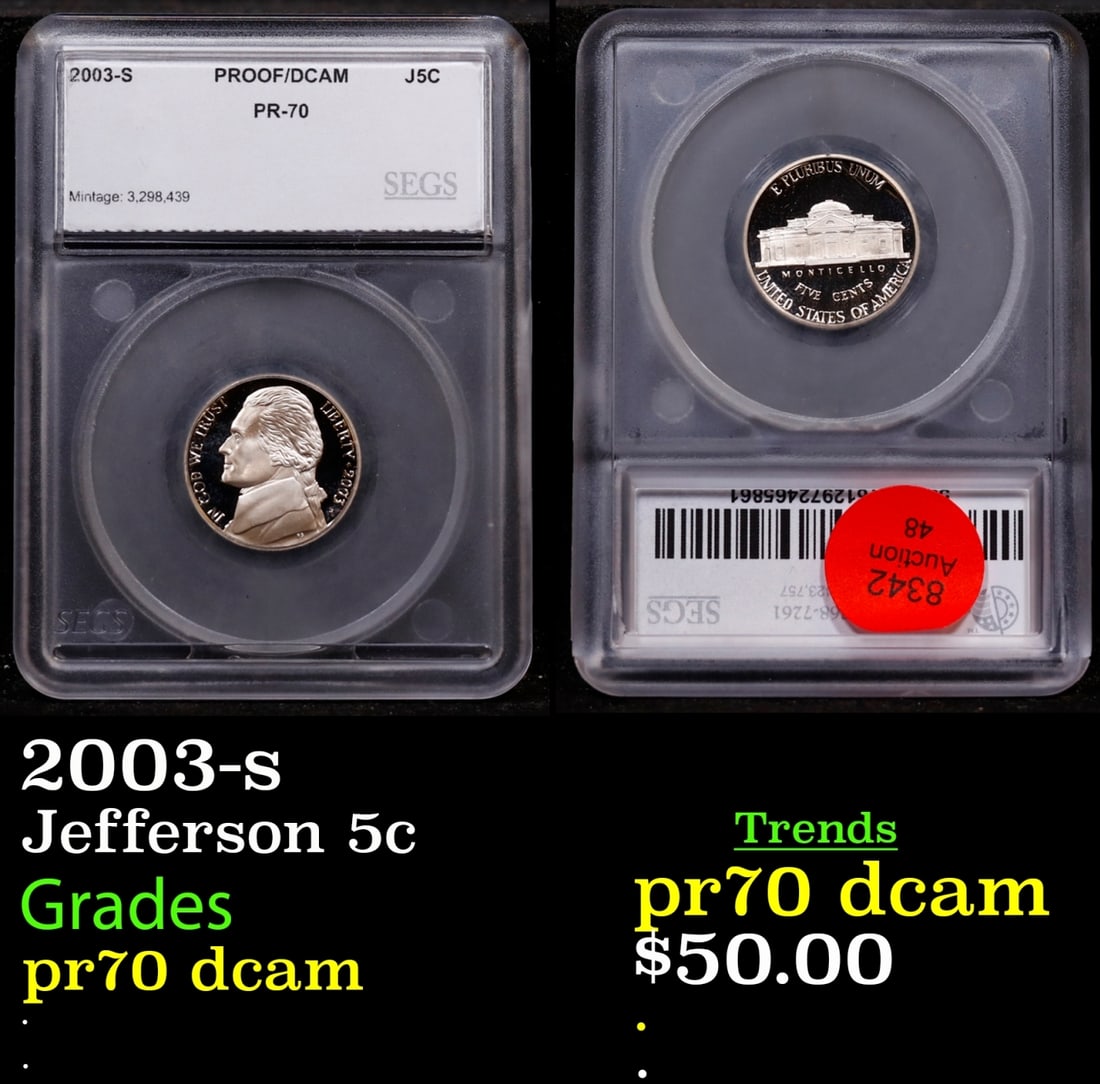 2003-s Proof Jefferson Nickel 5c pr70 dcam SEGS: 2003-s Jefferson Nickel 5c pr70 dcam SEGS.