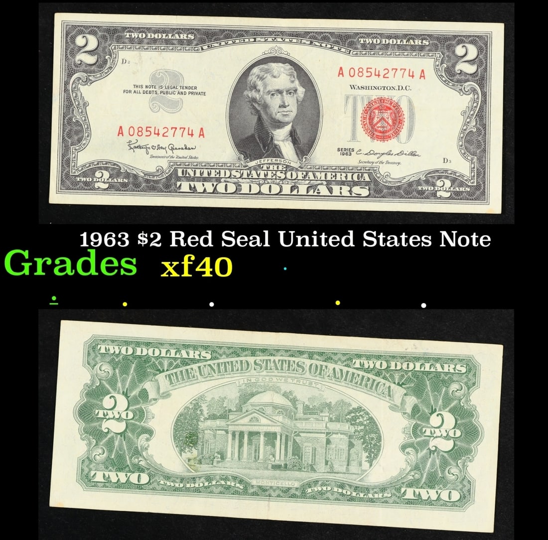 1963 $2 Red Seal United States Note Grades xf: 1963 $2 Red Seal United States Note Grades xf. 1963 Legal Tender (United States Note). 1963 marks the last year that red seals were printed on two dollar bills. This is also the last year that Montice
