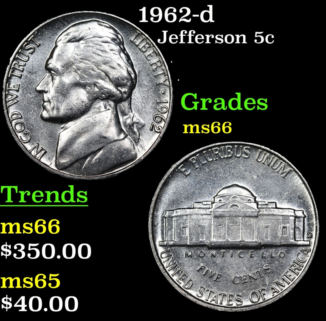 1962-d Jefferson Nickel 5c Grades GEM+ Unc: 1962-d Jefferson Nickel 5c Grades GEM+ Unc.