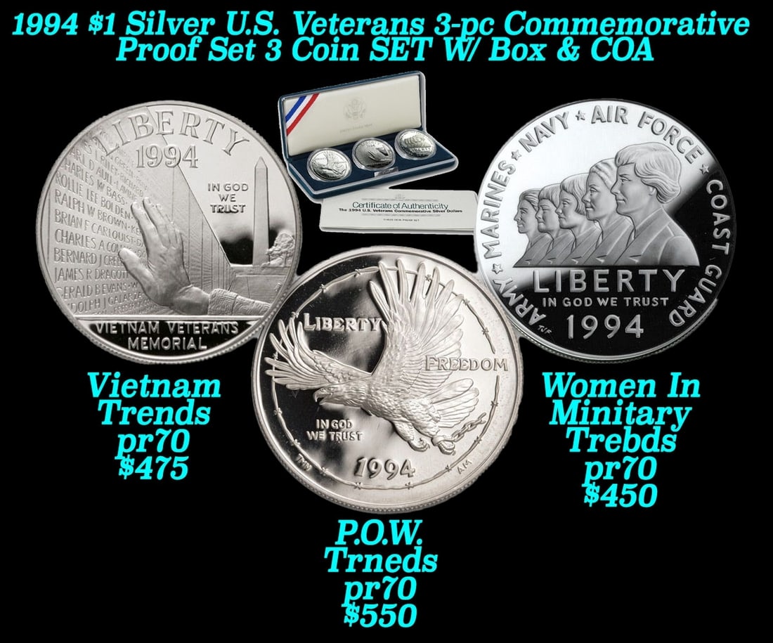 1994 $1 Silver U.S. Veterans 3-pc Commemorative Proof Set 3 Coin SET W/ Box & COA (1 of 7)
