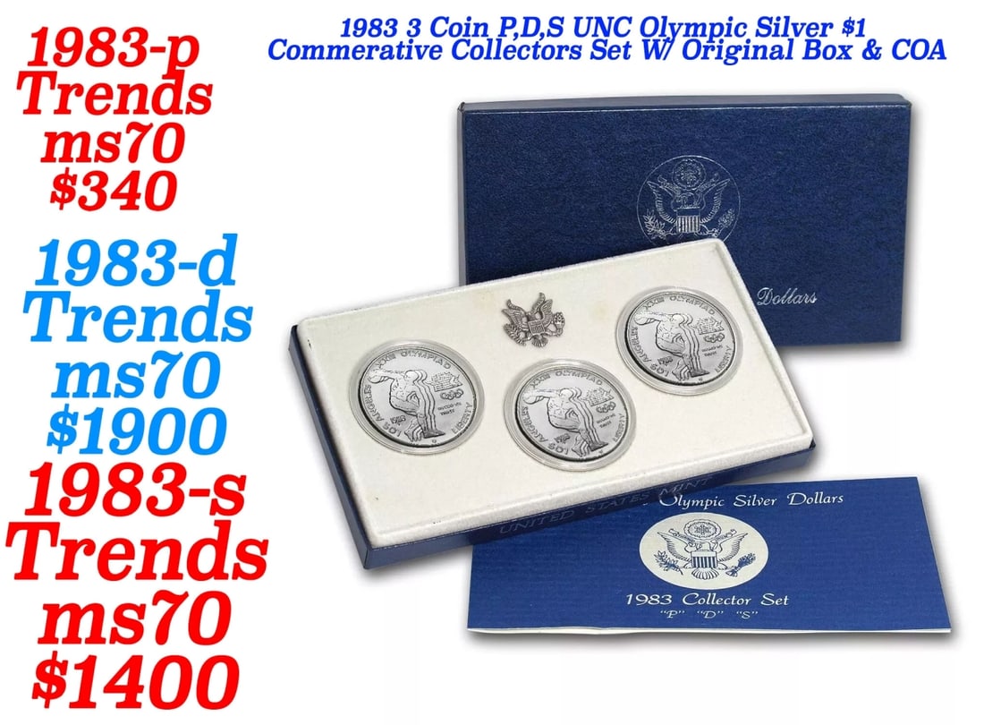 1983 3 Coin P,D,S UNC Olympic Silver $1 Commerative Collectors Set W/ Original Box & COA (1 of 3)