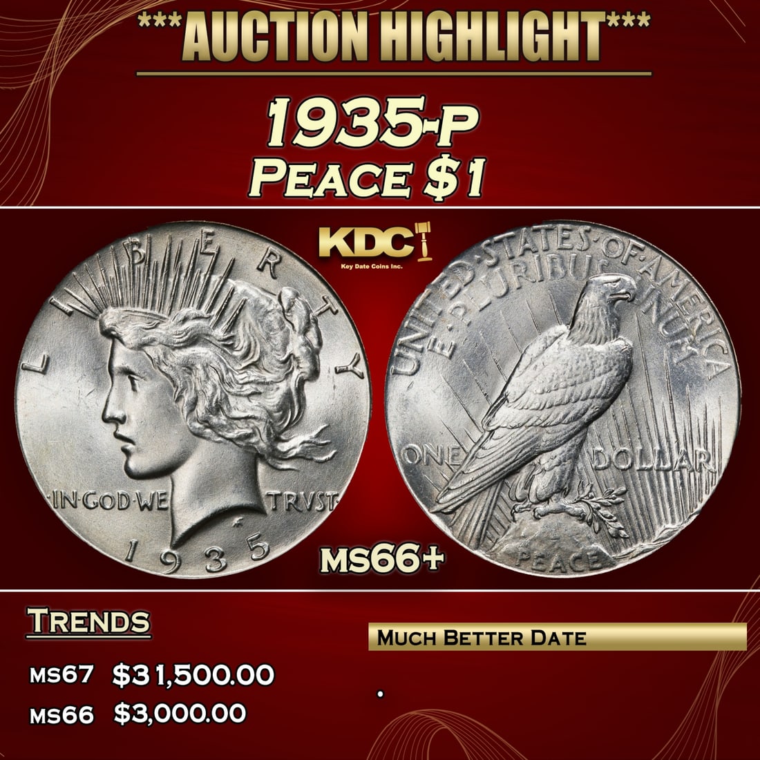 YC 1935-p Peace Dollar $1 ms66+ SEGS (1 of 4)
