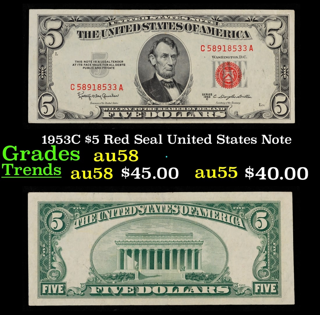 1953C $5 Red Seal United States Note Grades Choice AU/BU Slider (1 of 3)