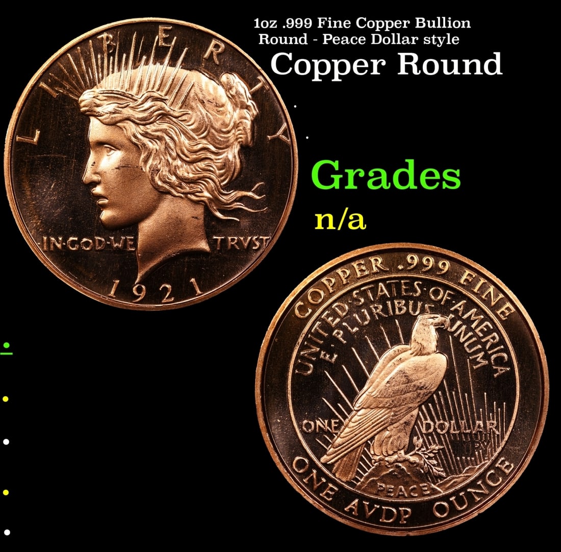 1oz .999 Fine Copper Bullion Round - Peace Dollar style Grades (1 of 3)