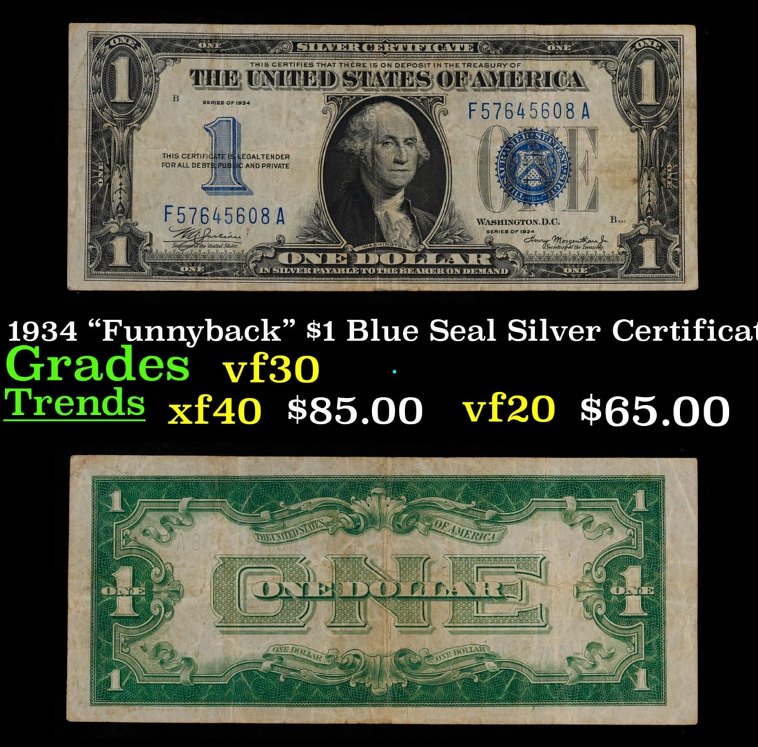 1934 "Funnyback" $1 Blue Seal Silver Certificate Grades vf++ (1 of 3)