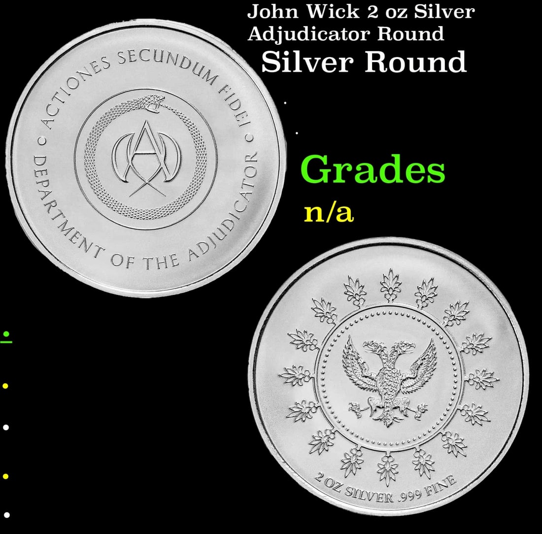 John Wick 2 oz Silver Adjudicator Round: John Wick 2 oz Silver Adjudicator Round. Lionsgate produced this exclusive, limited mintage coin featuring the Adjudicator’s Medallion from the John Wick franchise. This 2 oz .999 fine Silver round
