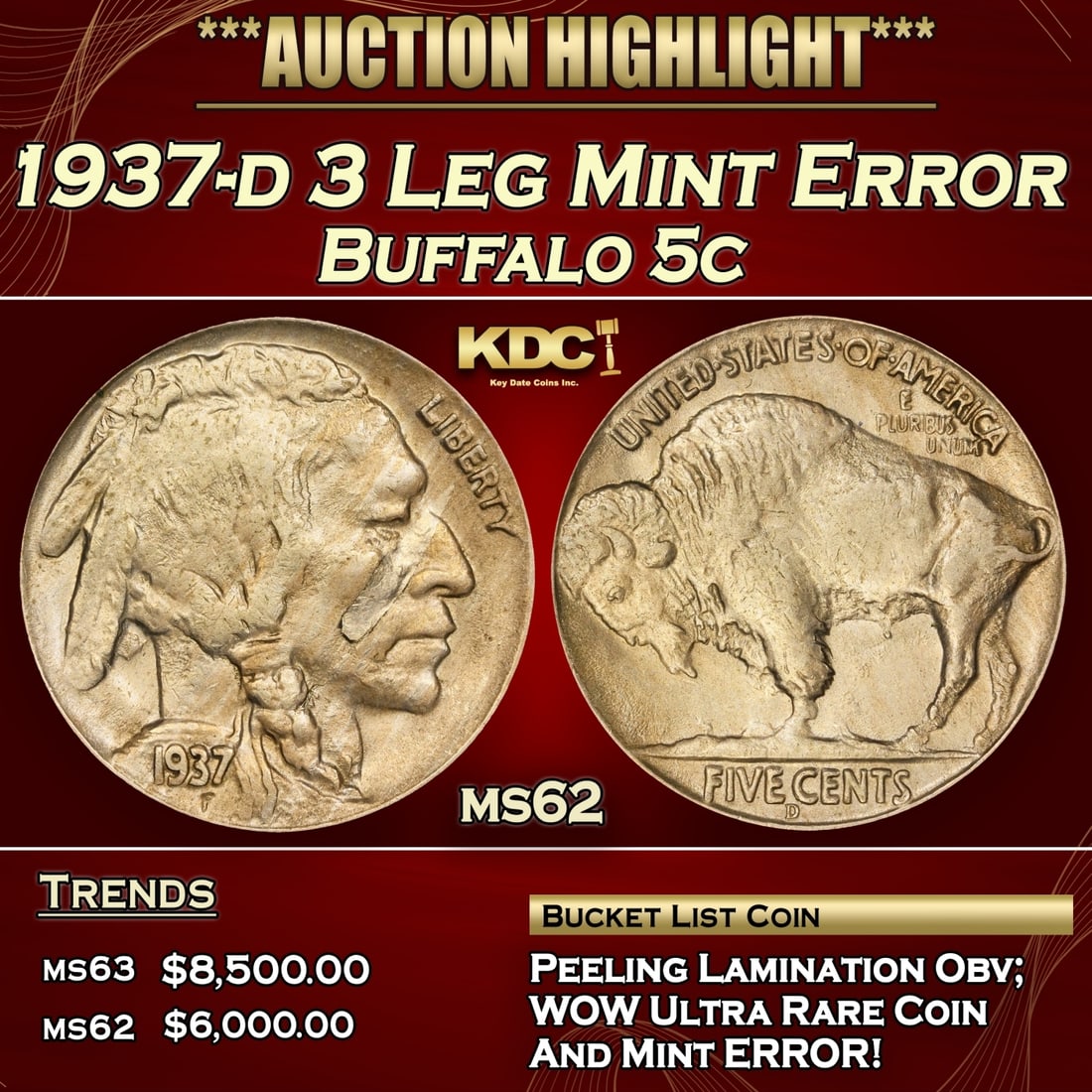 1937-d 3 Leg Buffalo Nickel Mint Error 5c ms62 SEGS: 1937-d 3 Leg Mint Error Buffalo Nickel 5c ms62 SEGS. The most sought after and heralded Buffalo, the 3 legged 1937-d.
