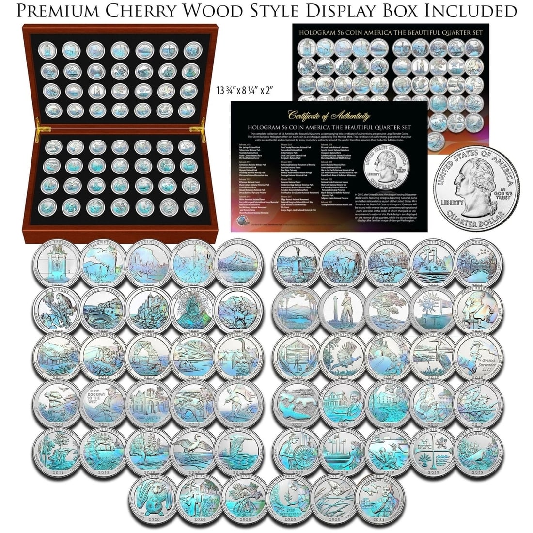 Complete HOLOGRAM America the Beautiful Parks 2010-2021 Quarter 56-Coin in Cherry Wood Box (1 of 1)