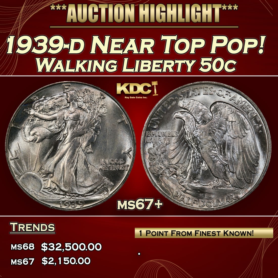 YO 1939-d Walking Liberty Half Dollar Near Top Pop! 50c ms67+ SEGS (1 of 4)