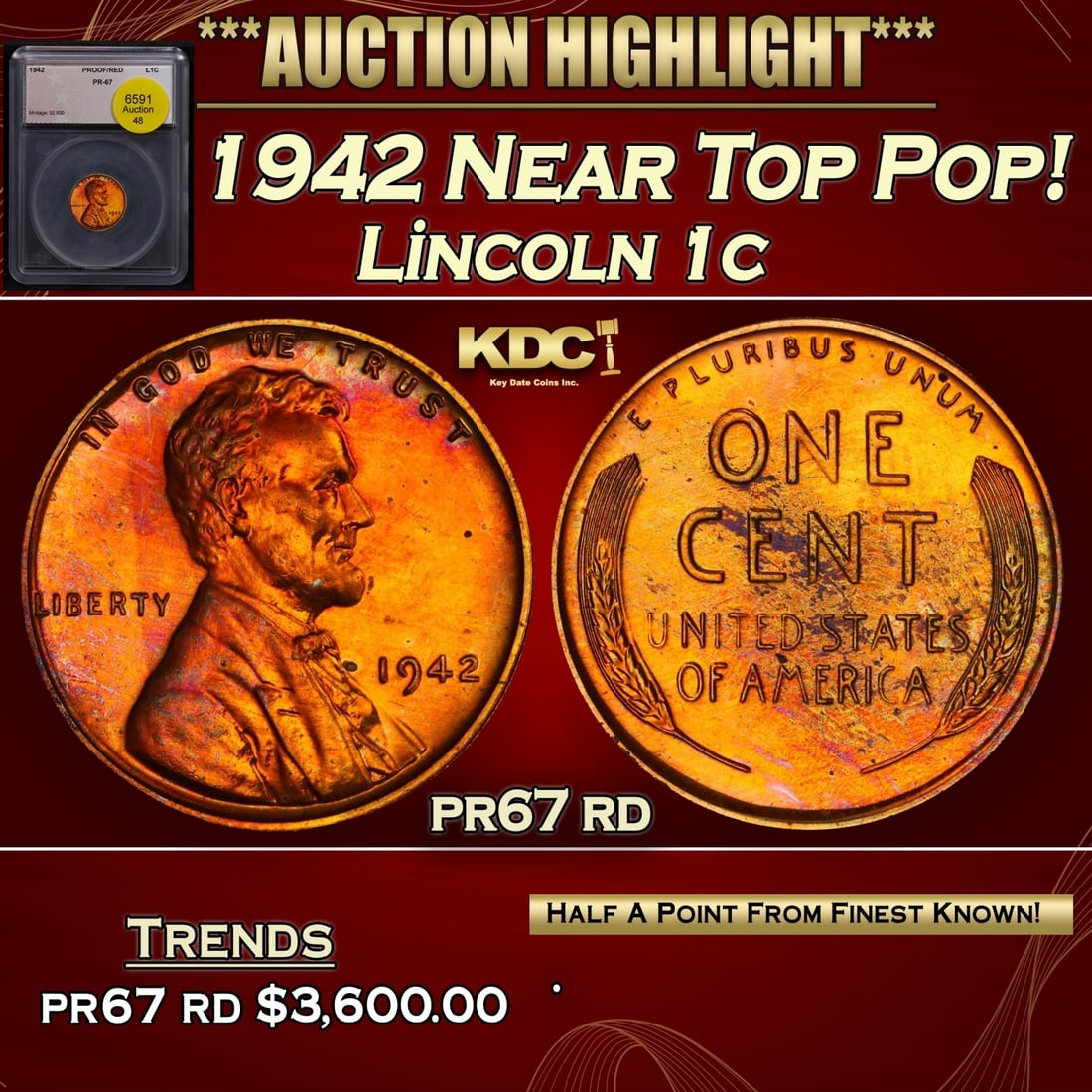 1942 Proof Lincoln Cent Near Top Pop! 1c pr67 rd SEGS (1 of 4)